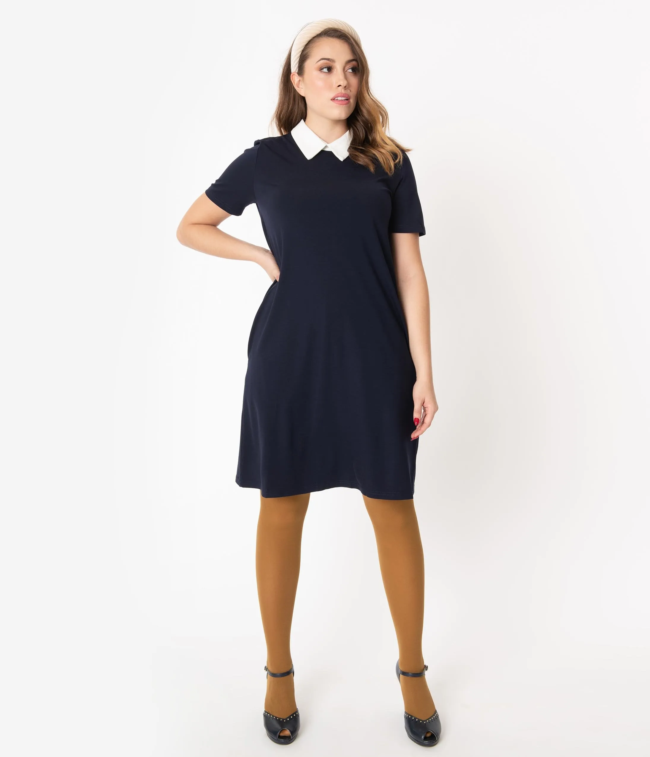 1960s Style Navy & Ivory Collar Shift Dress