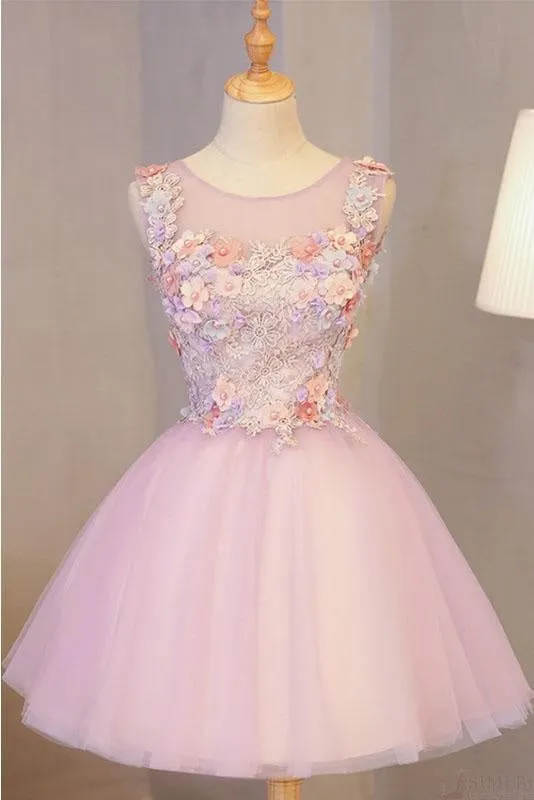 A Line Pink Tulle Homecoming Flowers Short Prom Dress with Beads