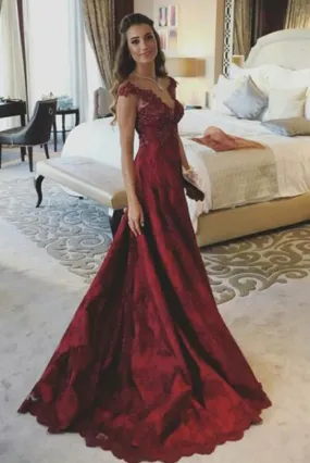 A Line V Neck Sleeveless Appliques Prom Dark Red Popular Evening Dresses