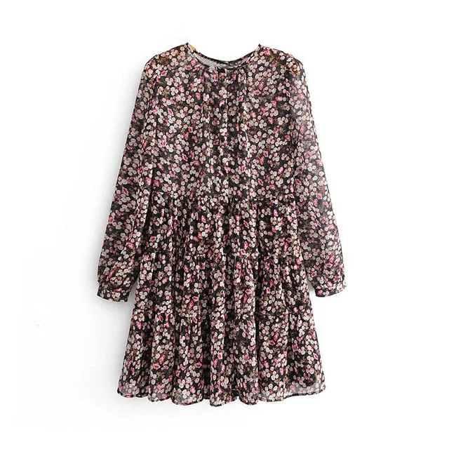 Ashoreshop Boho Style Floral Print Pleated Dress Long Sleeve