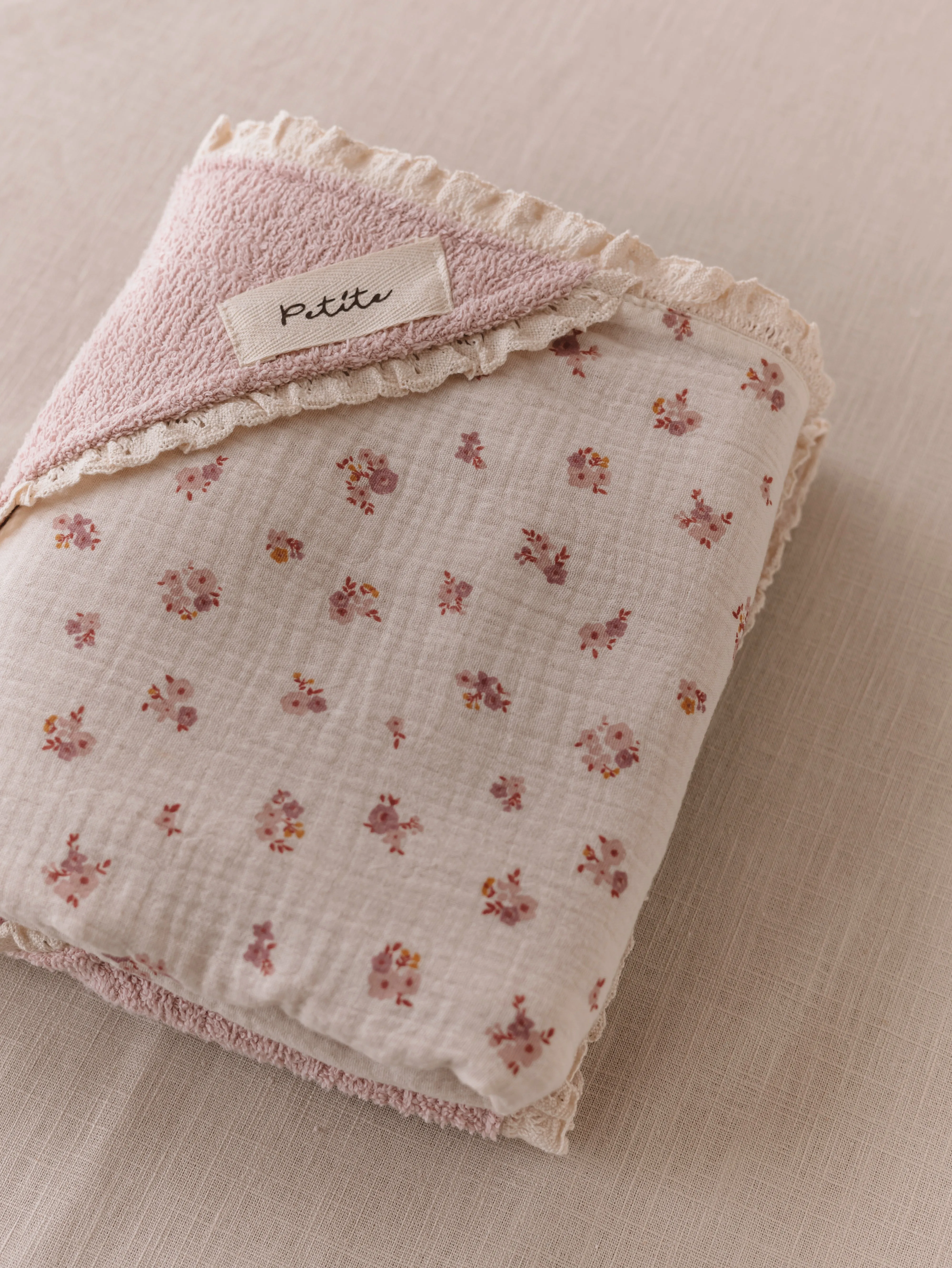 Baby Hooded towel  /  blush floral   lace