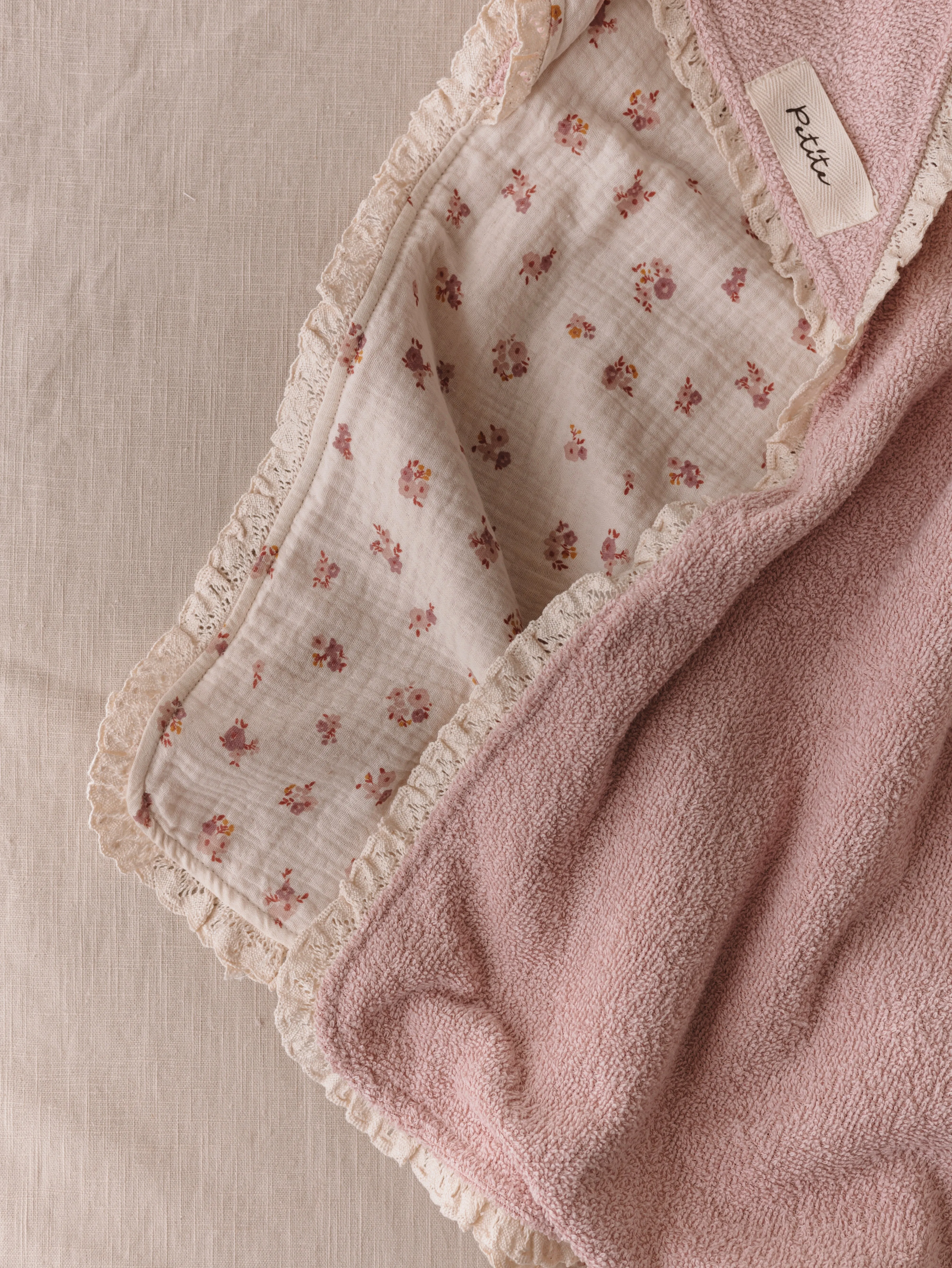 Baby Hooded towel  /  blush floral   lace