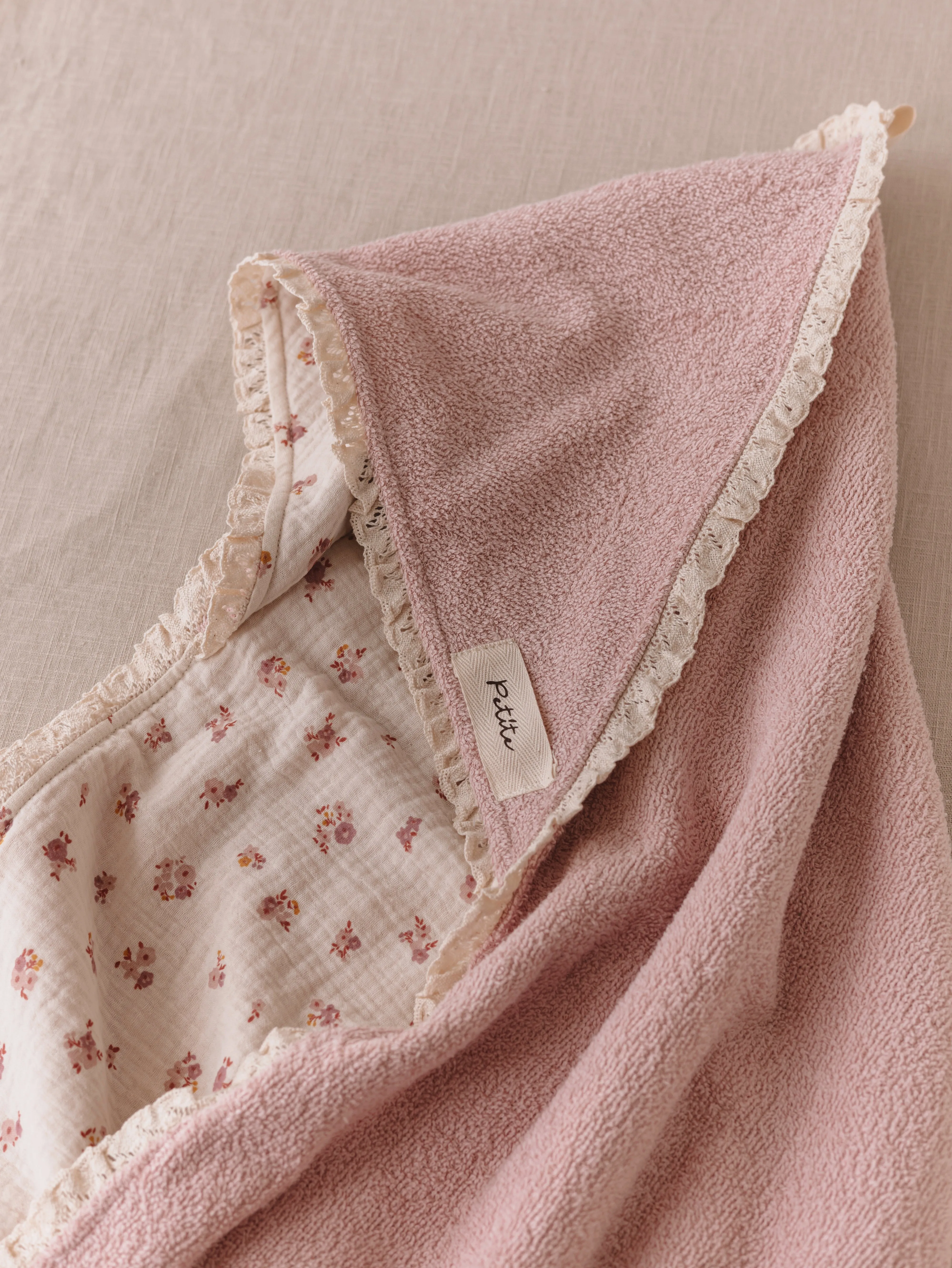 Baby Hooded towel  /  blush floral   lace