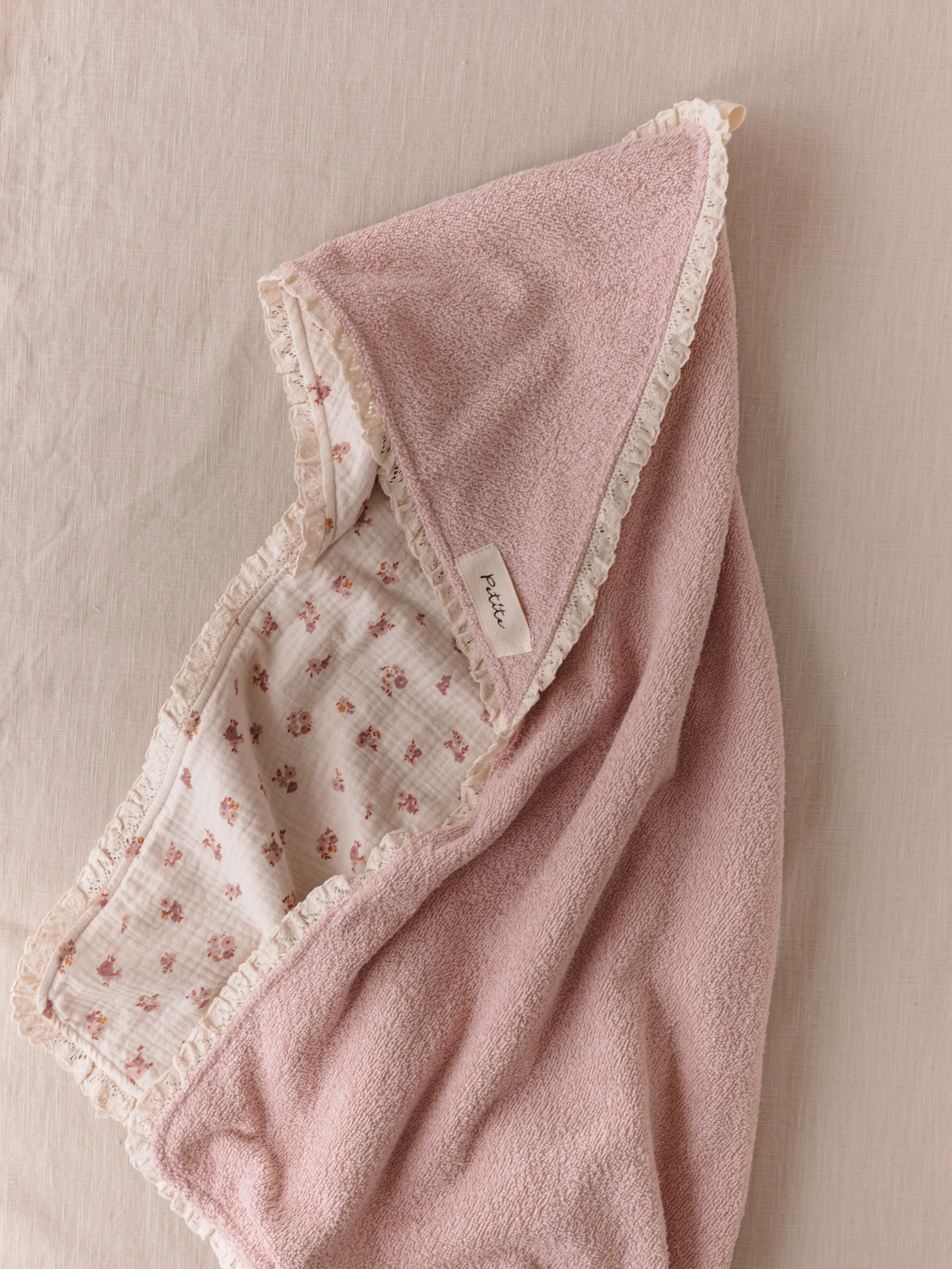 Baby Hooded towel  /  blush floral   lace