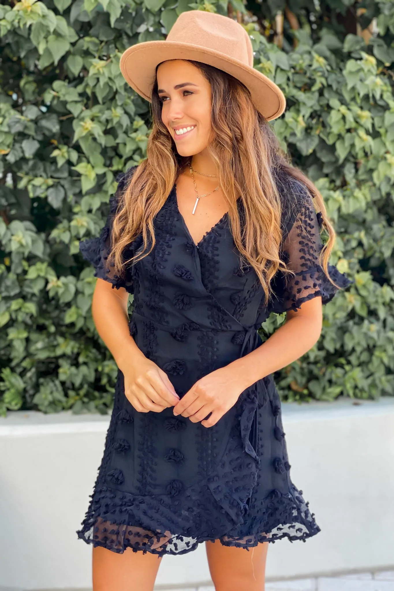 Black Embellished Wrap Short Dress