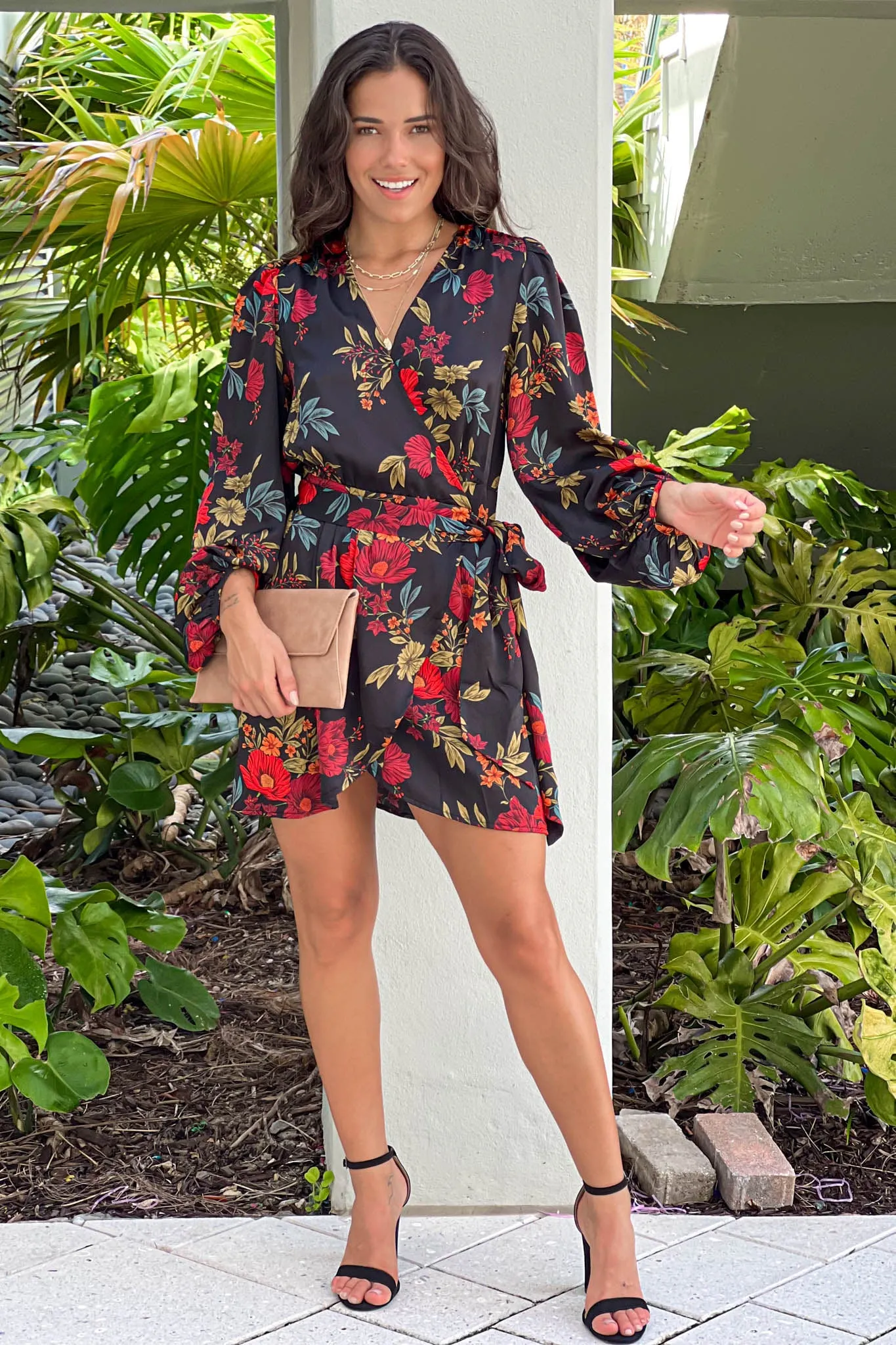 Black Floral Satin Wrap Short Dress