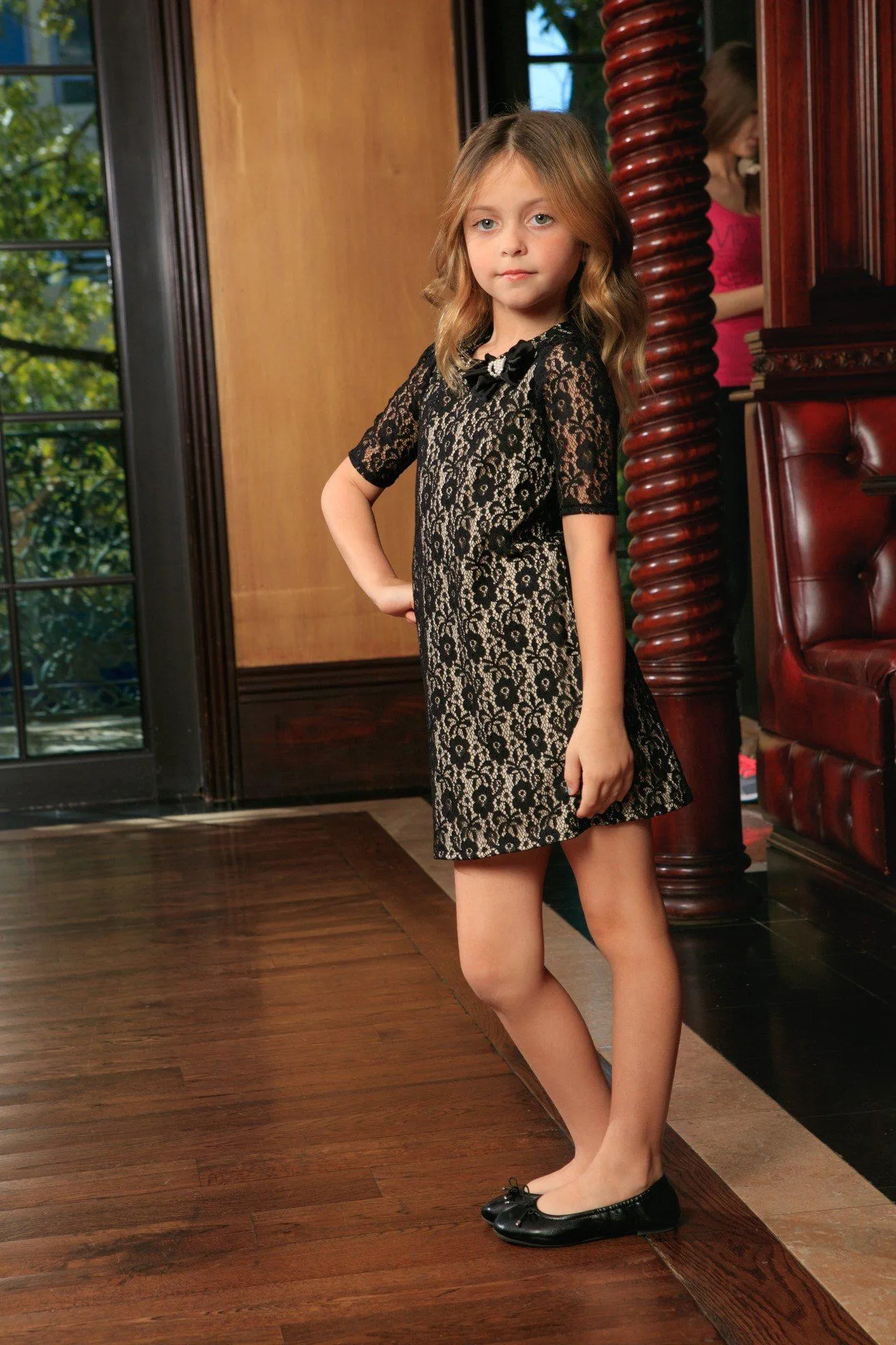 Black Lace Elbow Sleeve Shift Cute Fancy Cocktail Party Dress - Girls