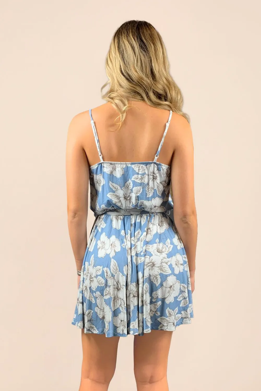 Blue Tropical Floral Wrap Bodice Dress