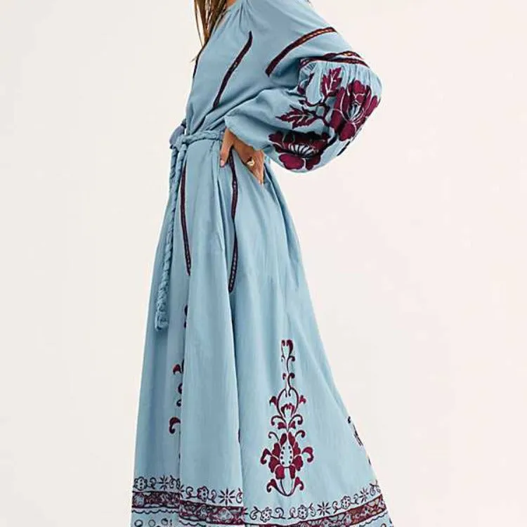 Boho Embroidered Tie-Neck Midi Dress