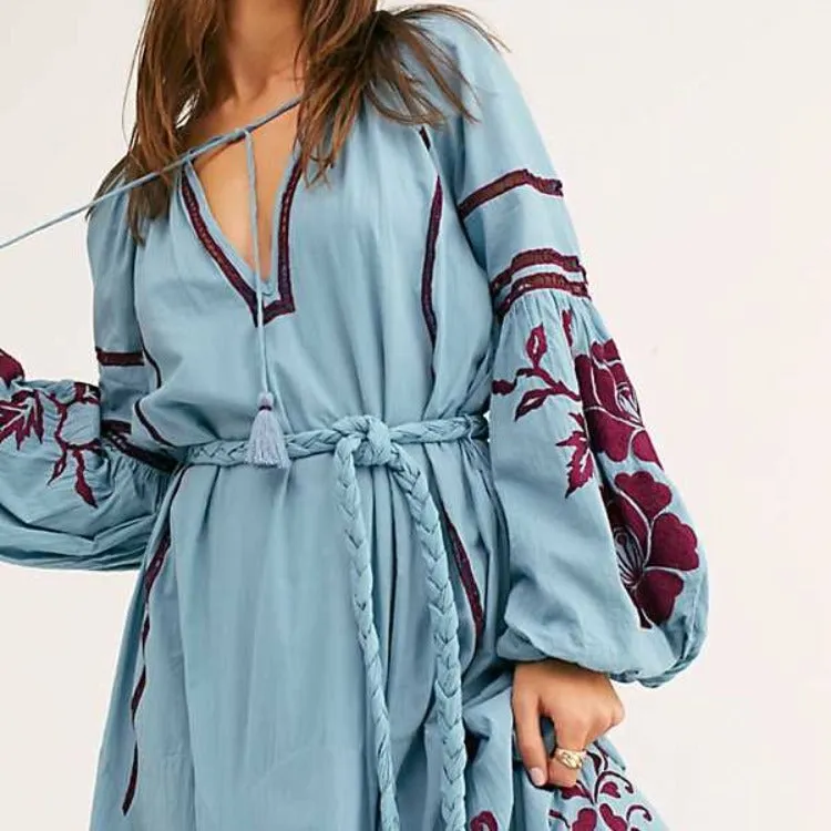 Boho Embroidered Tie-Neck Midi Dress