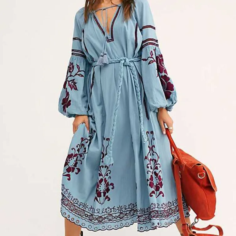 Boho Embroidered Tie-Neck Midi Dress