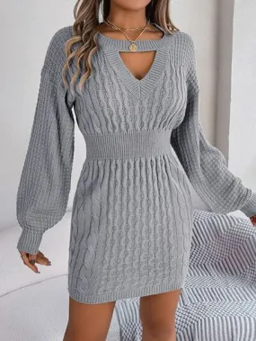 Cable-Knit Cutout Round Neck Slit Long Sleeve Sweater Dress