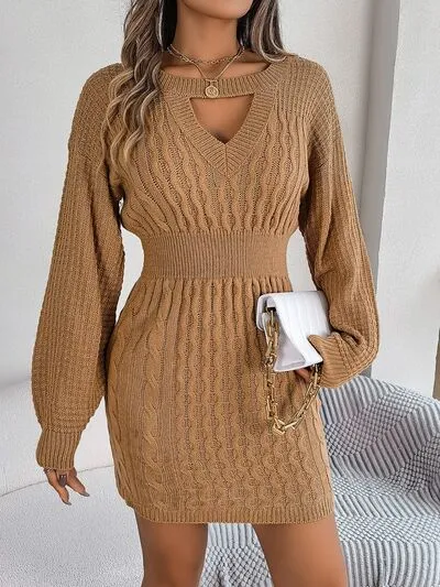 Cable-Knit Cutout Round Neck Slit Long Sleeve Sweater Dress