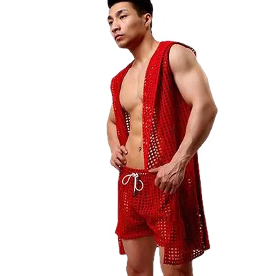 Casual Sleepwear Hollow Nets Sexy Men'S Bathrobe Gown