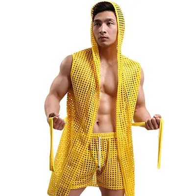 Casual Sleepwear Hollow Nets Sexy Men'S Bathrobe Gown