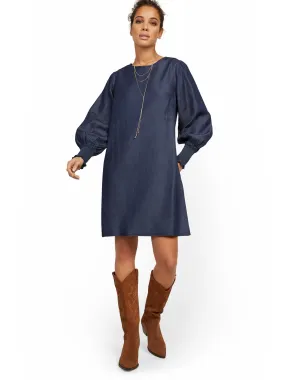 Chambray Balloon-Sleeve Shift Dress