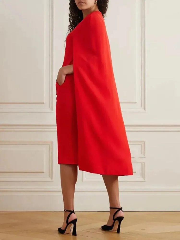 Chic Red O-Neck Evening Dress with Cape Sleeves