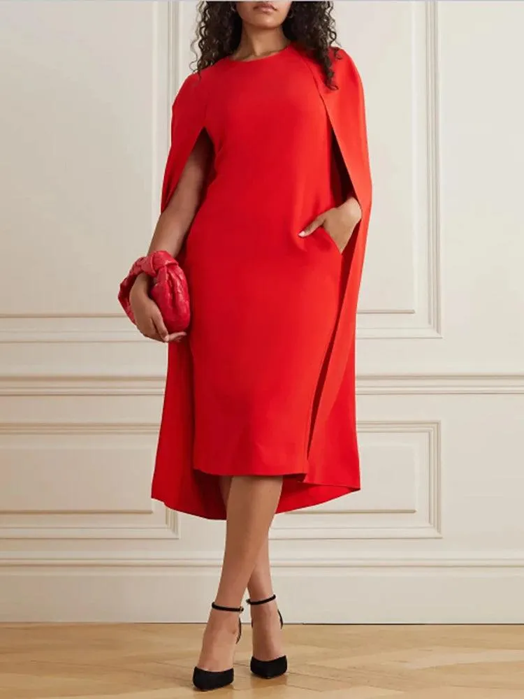 Chic Red O-Neck Evening Dress with Cape Sleeves