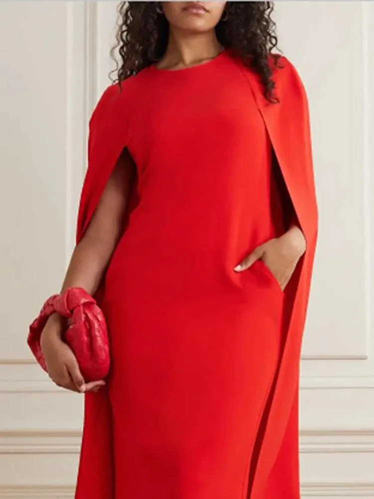 Chic Red O-Neck Evening Dress with Cape Sleeves