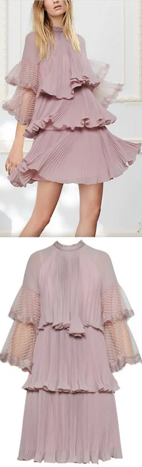 Chiffon Ruffled Pleated Shift dress, Pink