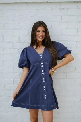 Cyrus Puff Sleeve Dress- Navy