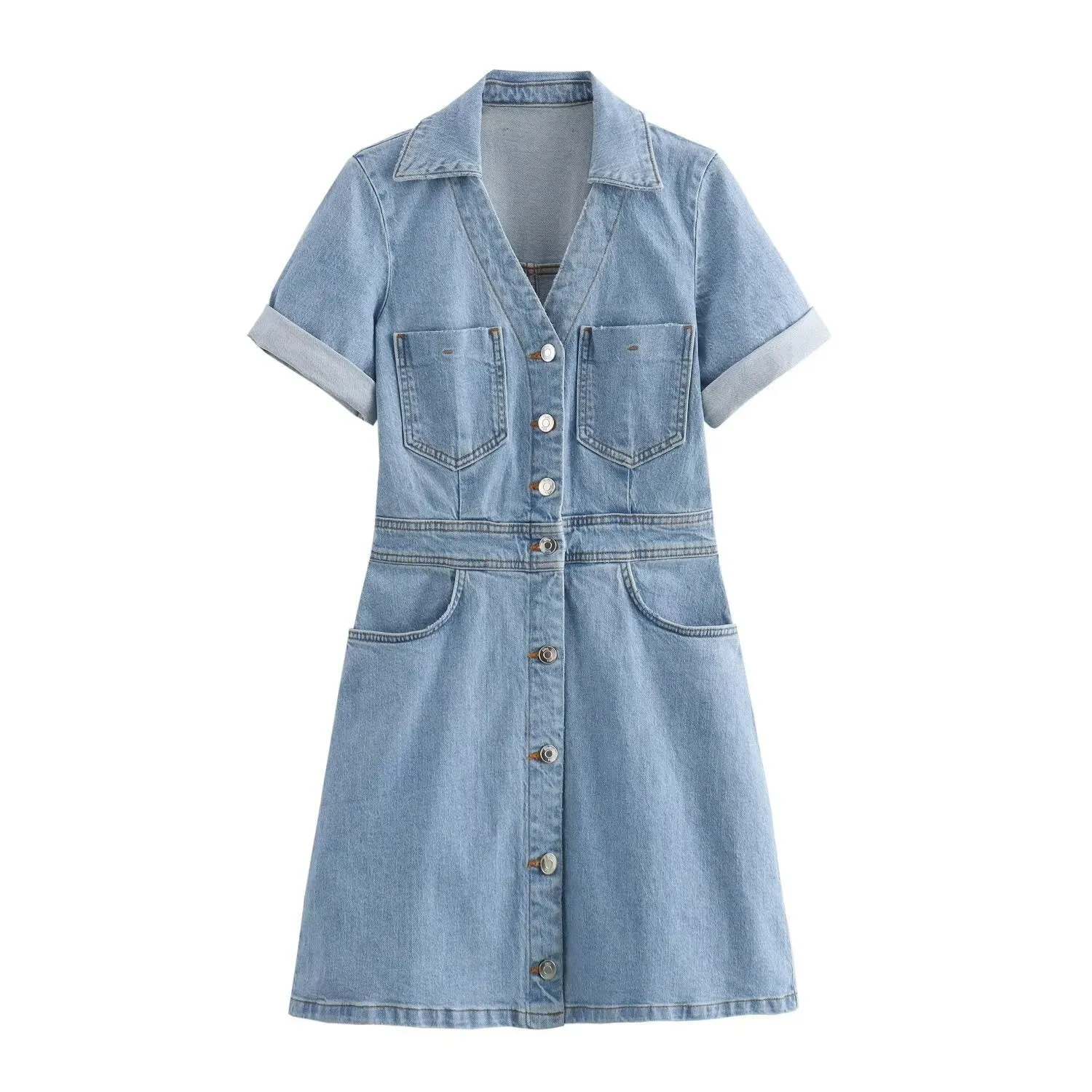 Dark Blue/Light Blue A-line Short Sleeve Denim Mini Shirt Dress