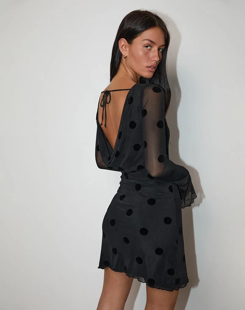 Dasa Long Sleeve Mini Dress in Big Polka Flock Black