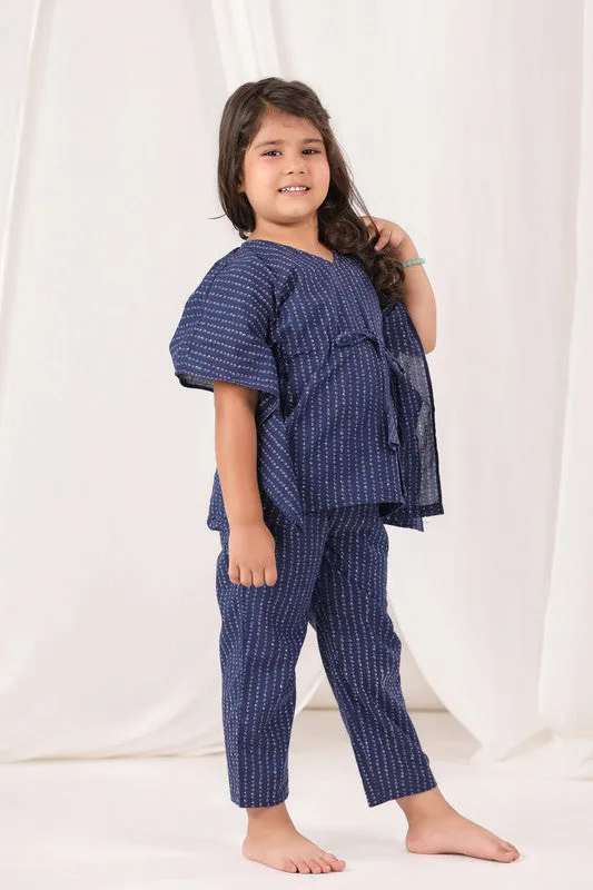 Dotted Kimono Navy Blue Cotton Kaftan Pyjama Set