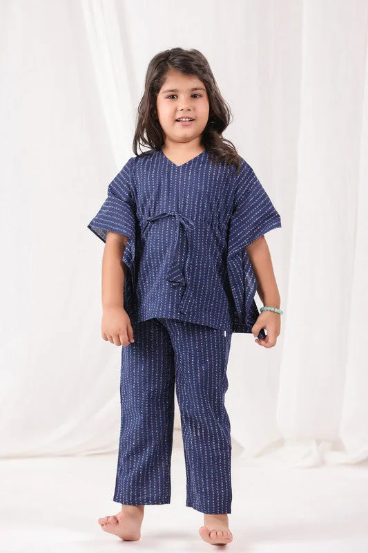 Dotted Kimono Navy Blue Cotton Kaftan Pyjama Set