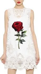 Embroidered Rose Printed White Mini Shift Dress