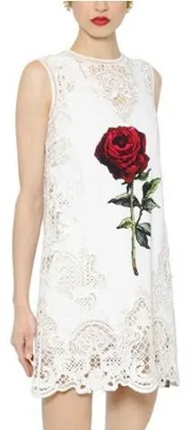 Embroidered Rose Printed White Mini Shift Dress