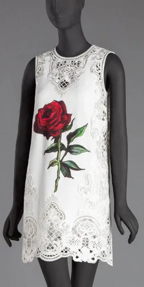 Embroidered Rose Printed White Mini Shift Dress