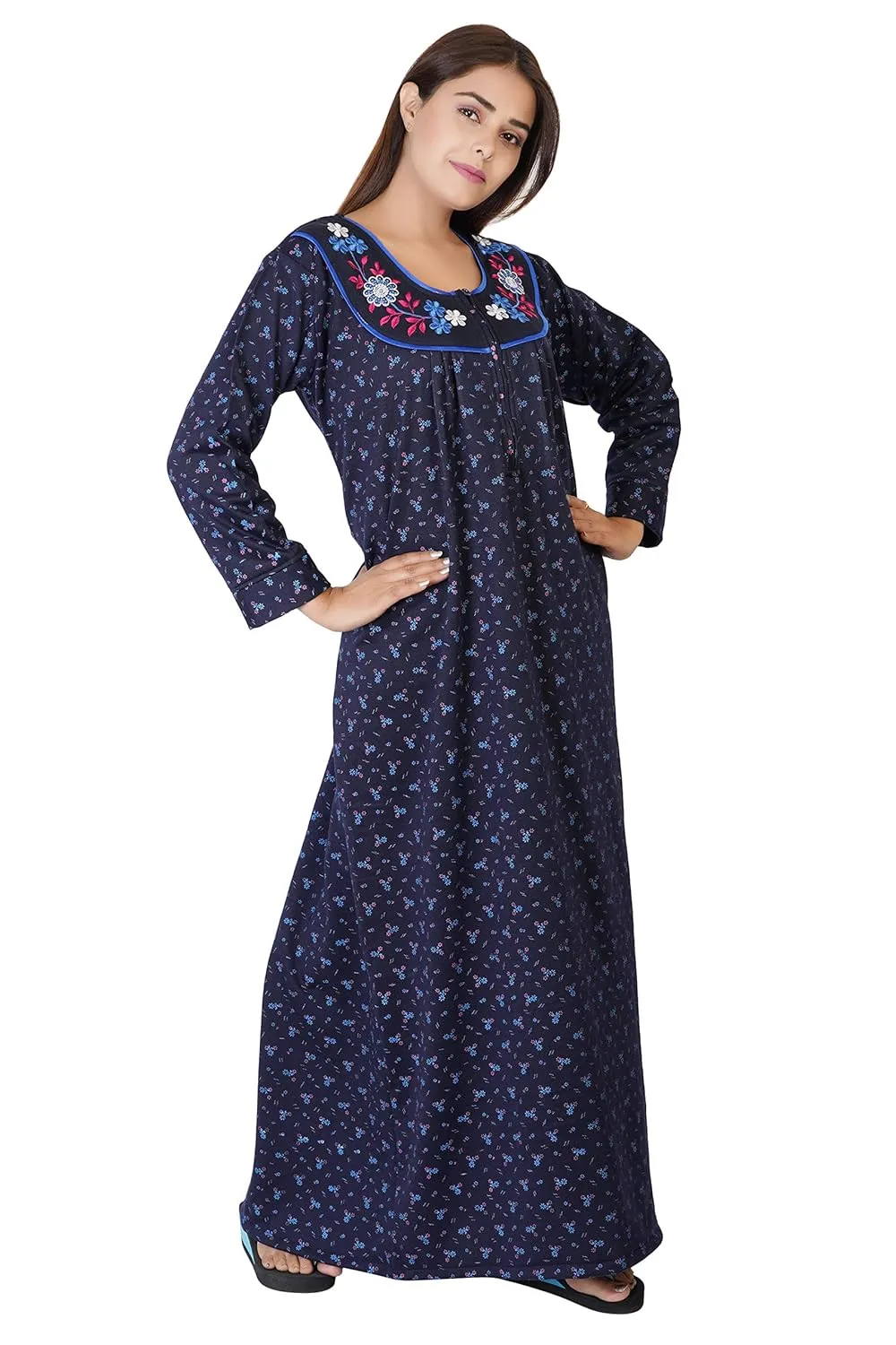 Floral Woolen Nighty - Blue