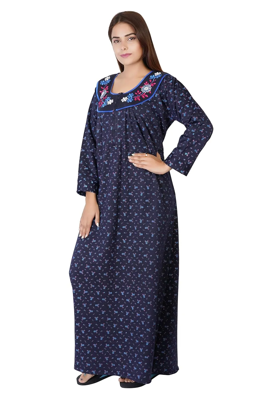 Floral Woolen Nighty - Blue