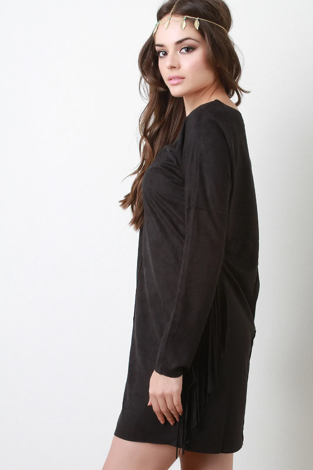 Fringe Sleeve Suede Shift Dress