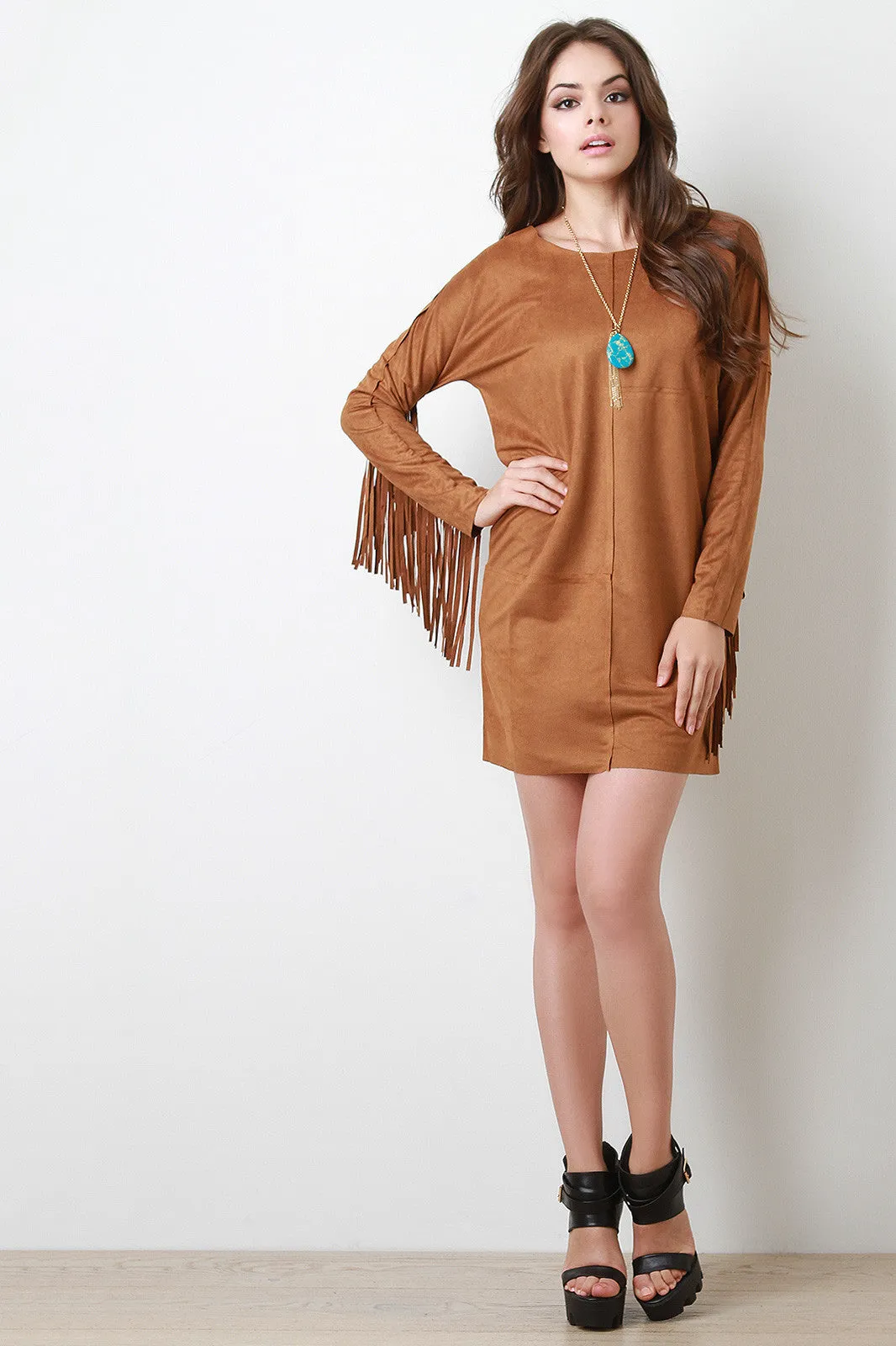 Fringe Sleeve Suede Shift Dress