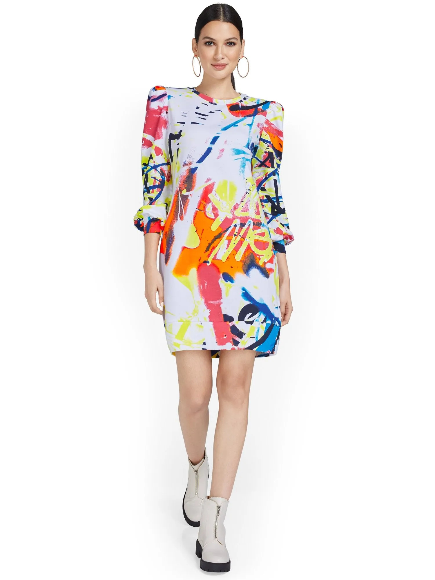 Graffiti-Print Puff-Sleeve Dress