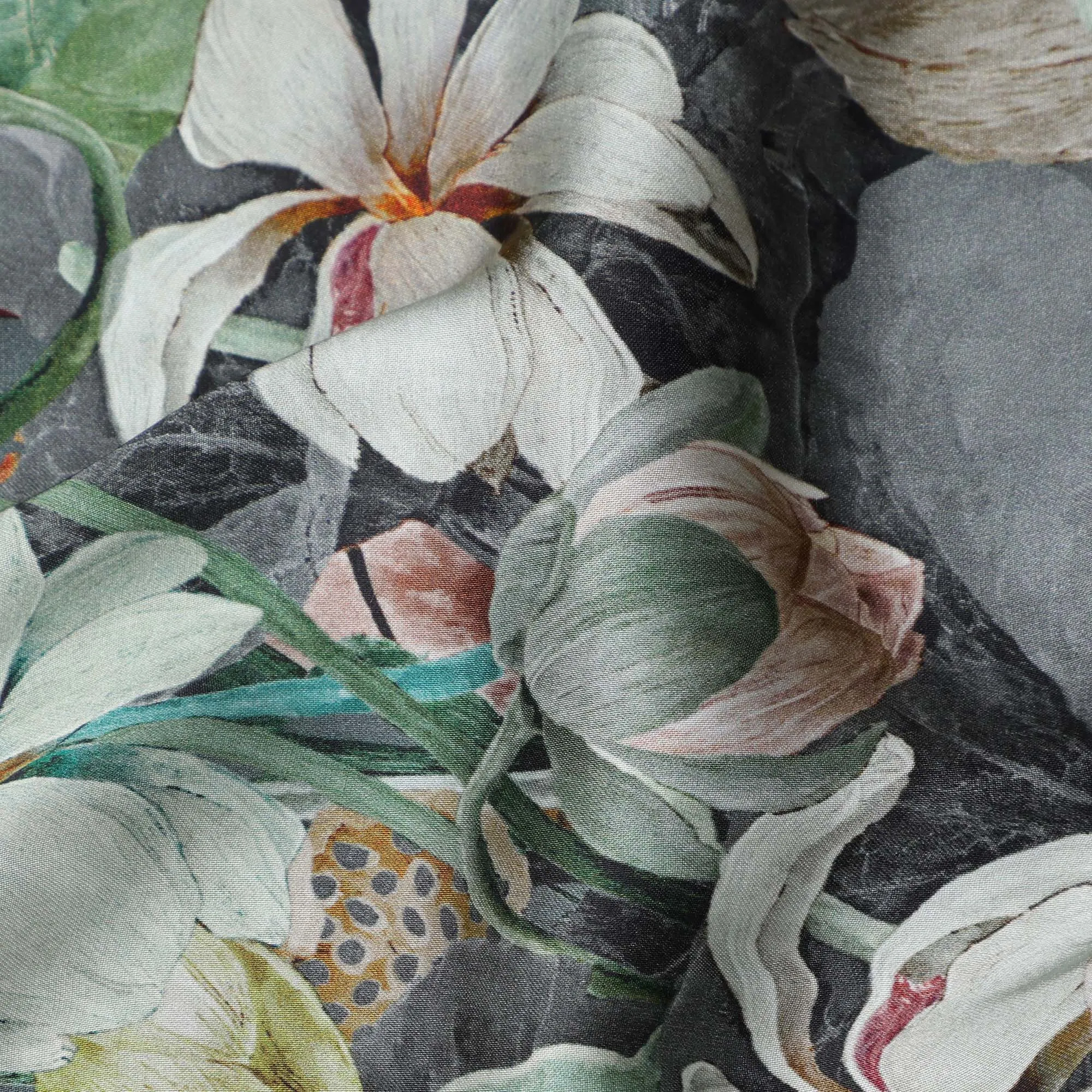 Gray Synthetic Modal Satin Fabric with Large White Floral Print, 110 cm Width-D20955