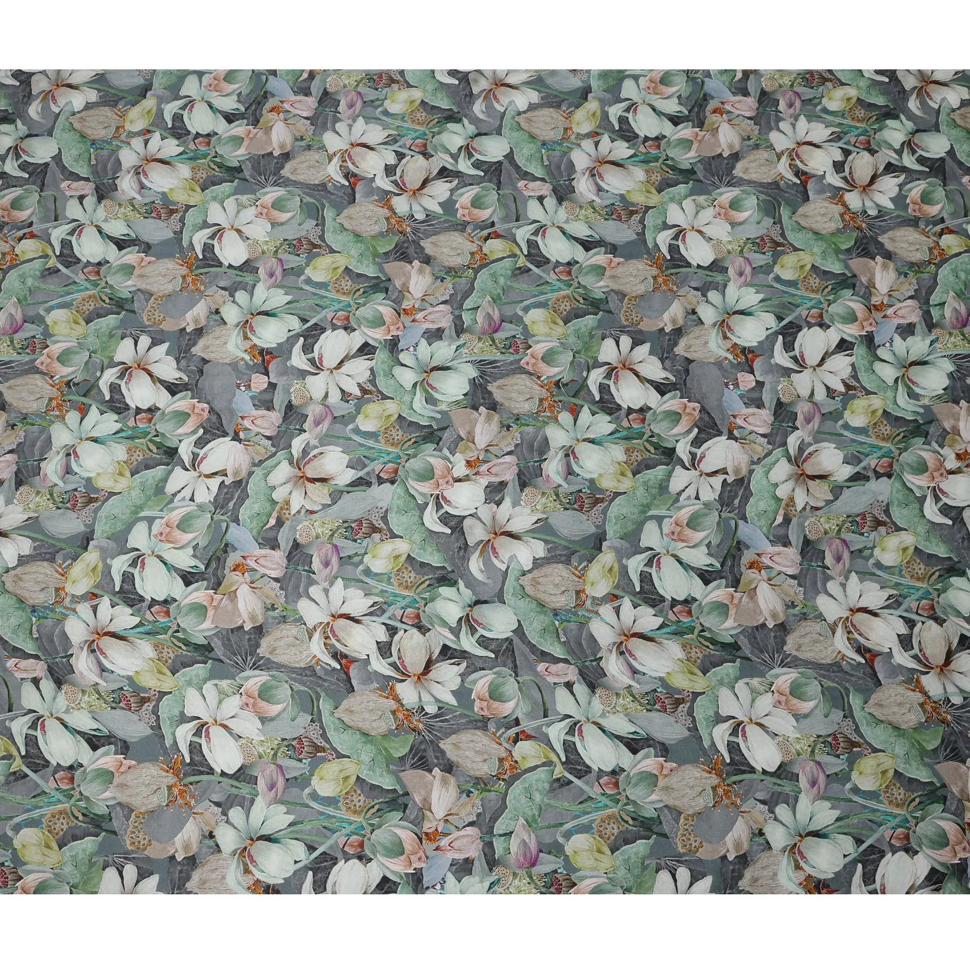 Gray Synthetic Modal Satin Fabric with Large White Floral Print, 110 cm Width-D20955