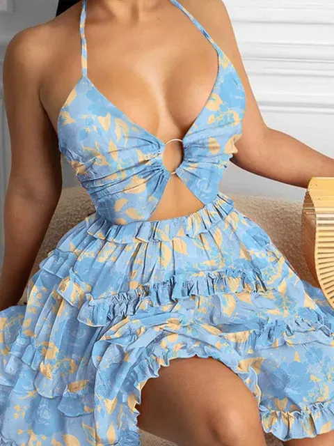 Halter Neck Deep V-neck Backless Floral Print Babydoll Mini Dress (5 colors)