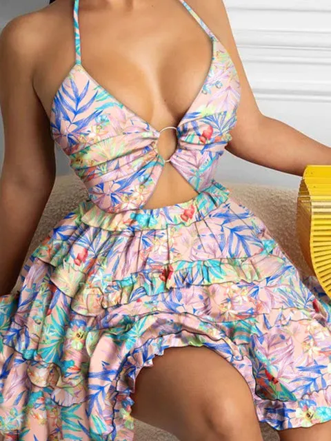 Halter Neck Deep V-neck Backless Floral Print Babydoll Mini Dress (5 colors)