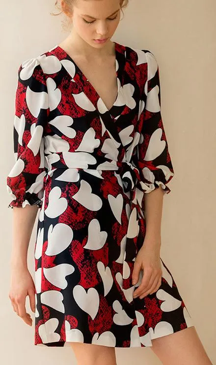 Heart Print Wrap Mini Dress