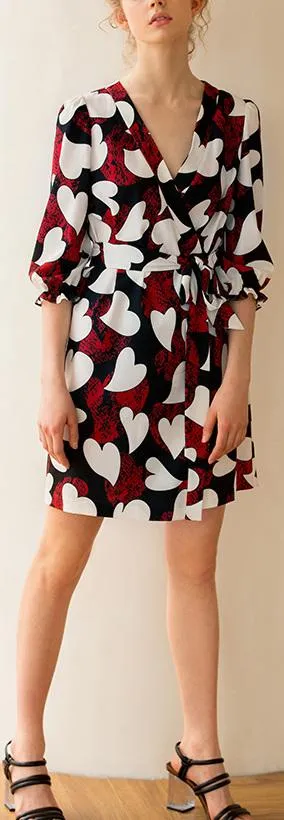 Heart Print Wrap Mini Dress