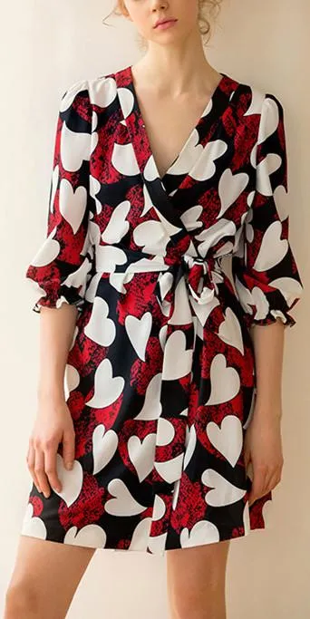 Heart Print Wrap Mini Dress