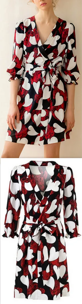 Heart Print Wrap Mini Dress