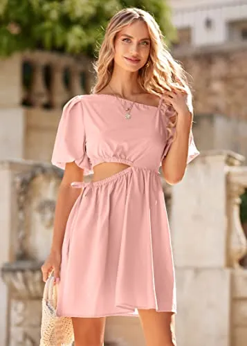 KIRUNDO 2023 Women's Summer Short Puff Sleeve Cut Out Dress Casual Solid Asymmetrical Neck A Line Beach Party Mini Dresses(Pink, Small)