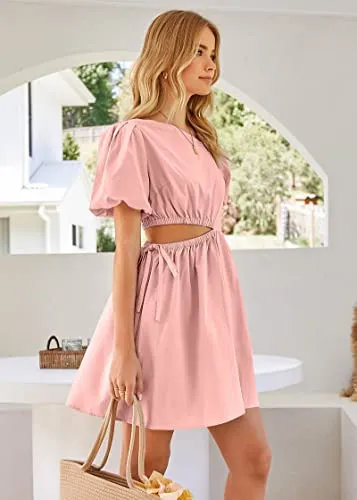 KIRUNDO 2023 Women's Summer Short Puff Sleeve Cut Out Dress Casual Solid Asymmetrical Neck A Line Beach Party Mini Dresses(Pink, Small)