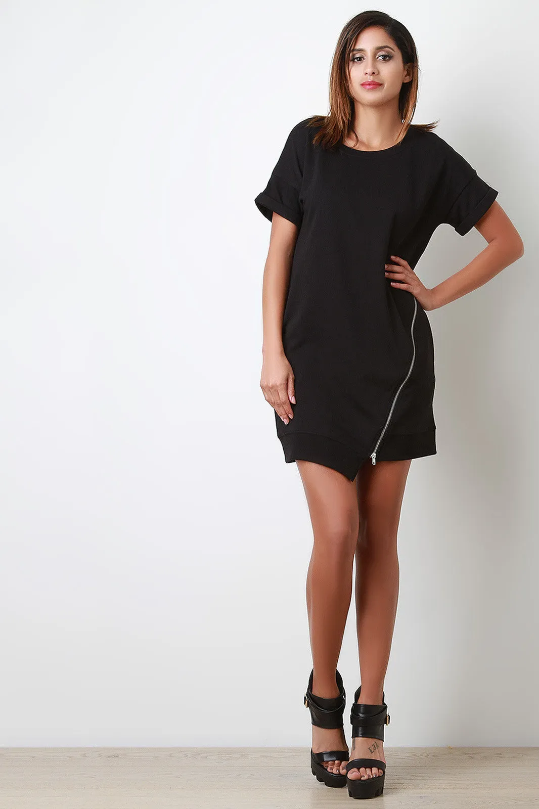 Knit Asymmetrical Zipper Shift Dress