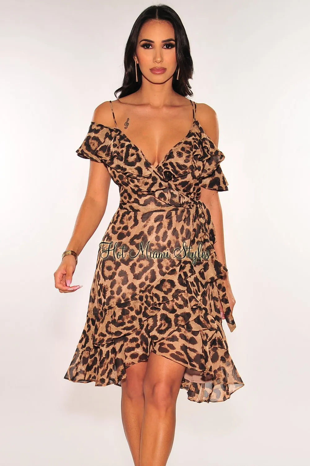 Leopard Print Off Shoulder Ruffle Wrap Baby Doll Dress