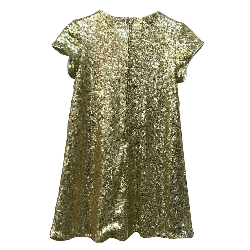 Little Girls Gold Sparkle Sequin Katy Short Sleeve Shift Party Dress 2-6